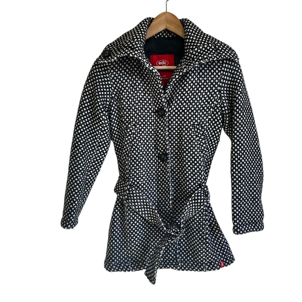 Edc Youth by Esprit Wool Blend Belted‎ Coat Jacket Black White Size S